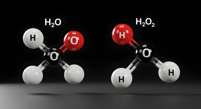 Molecular structures of water and hydrogen peroxide.