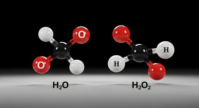 Molecular structures of water and hydrogen peroxide.