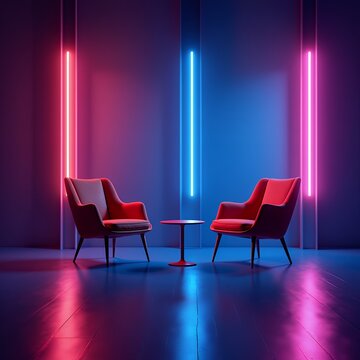 Studio setup with two chairs and neon lights: modern interview or podcast background studio backdrop backdrop studio background light floor empty abstract wall modern design gradient product interior