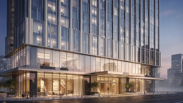 Refined urban hotel ambiance with glowing golden entrance lights