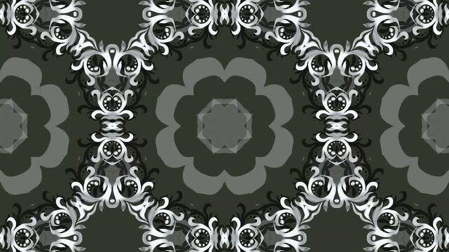 Abstract monochrome floral kaleidoscope motion animation background. intricate floral ornaments and damask patterns.