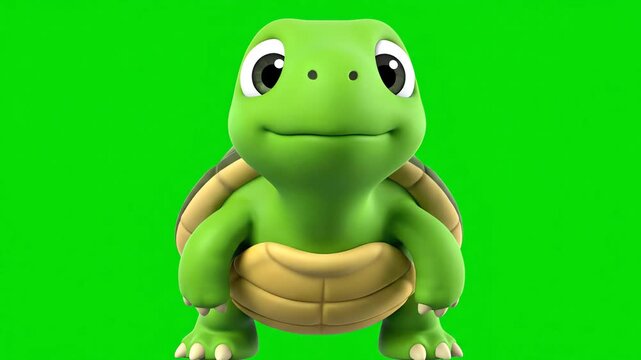 A charming 3D animated cartoon turtle with a friendly expression, standing against a vibrant green screen backdrop. Perfect for playful scenes and educational content.