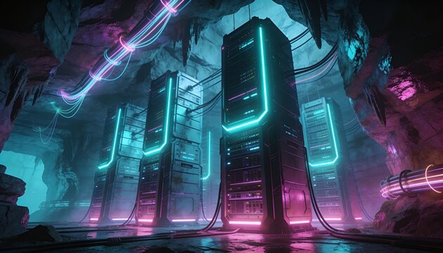 Secret underground AI data center hidden in a massive rock cavern, glowing server towers and network cables integrated into natural wet stone walls and stalactites, epic fantasy tech