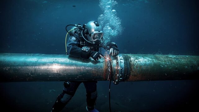 Solo underwater technician repairing pipe with muted blue hues present