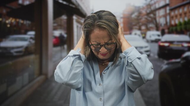 Hispanic woman with grey hair and glasses holds hands over ears on a rainy street by a storefront and parked cars, pressing temples; anxiety coping.