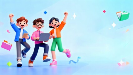 Fototapeta premium Three animated characters celebrating with digital devices and colorful icons in a vibrant, futuristic setting