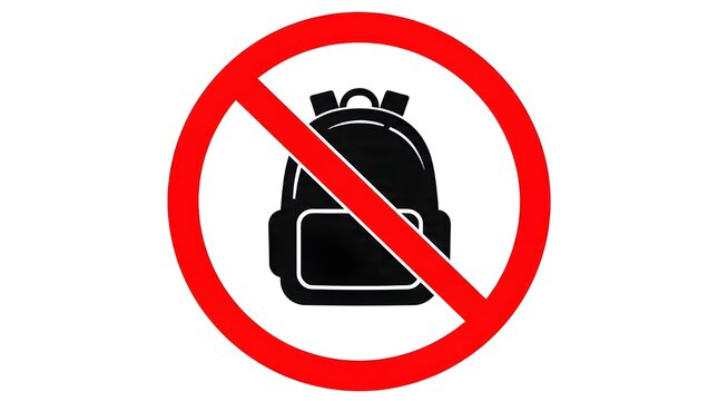 Red prohibition circle with a black backpack icon crossed out, indicating no backpacks or bags allowed