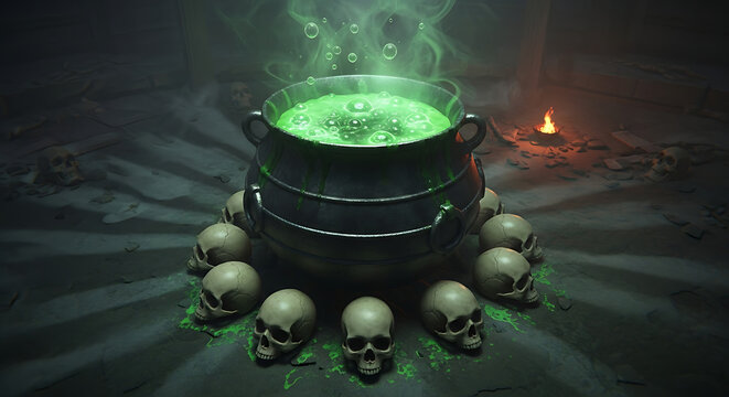 A cauldron bubbling with green liquid surrounded by skulls with a small fire in the background