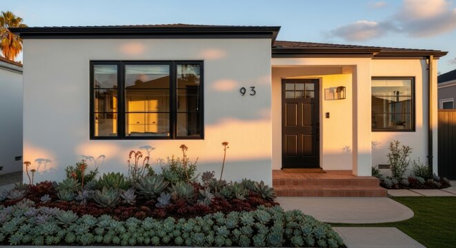 Modern White House With Succulent Garden At Sunset With Warm Golden Hour Light