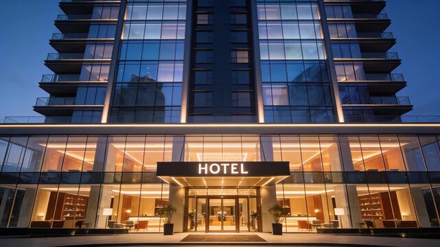 Luxurious hotel entrance glowing at evening with reception and signage