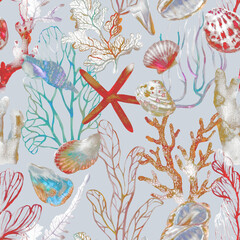 Seamless marine pattern with corals, shells, seaweed and starfish hand-drawn in watercolor. © Арина Трапезникова