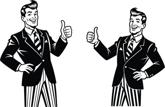 Vintage retro style businessman in suit smiling and giving a thumbs up gesture for success and approval vector illustration