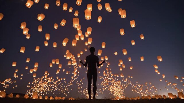 Silhouette of an individual standing in a field, releasing glowing lanterns into the dark sky. The scene captures the enchanting atmosphere of a festival with numerous lanterns ascending