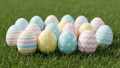 Fototapeta premium Festive Easter Eggs in Lush Green Field: A delightful arrangement of vibrantly colored and intricately patterned Easter eggs rests gracefully upon a bed of vibrant green grass.
