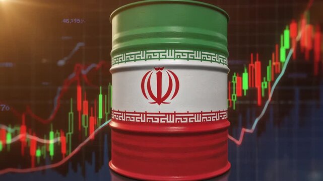 3D render of oil barrel with Iranian flag against glowing stock market chart, symbolizing energy prices sanctions global volatility finance