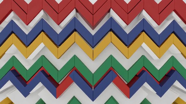 Vibrant zigzag chevron pattern with layered rows, symbolizing geometric precision, optical depth, and colorful abstract design.