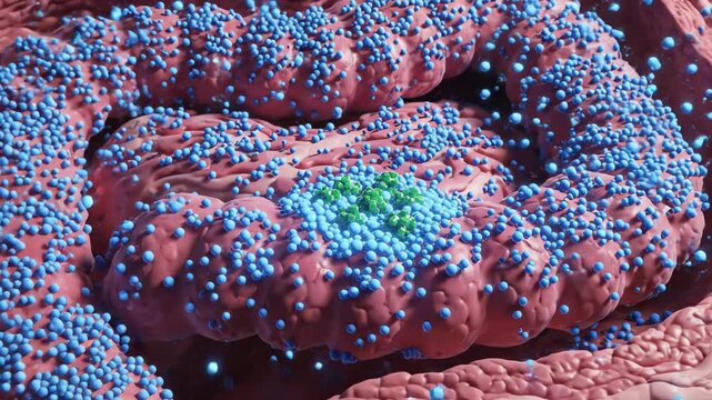 Chronic inflammation triggered by processed food additives, inflammatory signaling molecules glowing softly around tissues