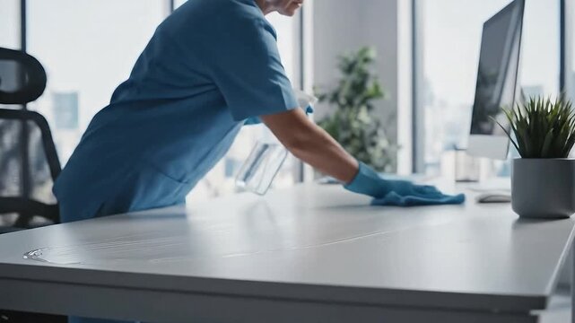 Caucasian woman in blue scrubs wipes down an office desk with a cloth while holding a spray bottle, showcasing a clean workspace with a computer and plant in the background