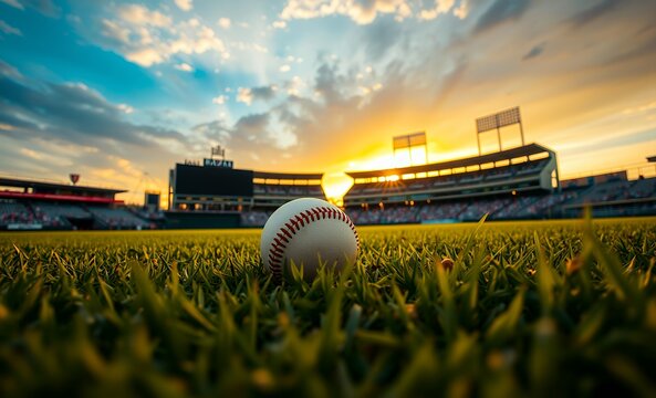 A baseball rests on the grass in a stadium during a golden sunset baseball field baseball game field stadium play competition green grass team sport arena leisure 