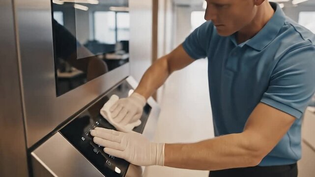 Caucasian man in blue polo shirt wipes the control panel of a kitchen appliance with a cloth, showcasing a clean and organized office kitchen space with bright lighting and minimalistic design