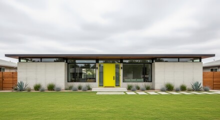 Fototapeta premium Modern Concrete Home With Bright Yellow Door and Green Lawn Under Cloudy Sky