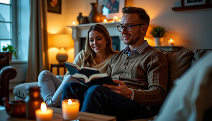 Fototapeta premium Family embracing digital detox evening by candlelight to conserve energy at home cozy atmosphere intimate setting