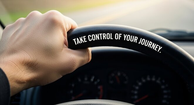 Hand Firmly Gripping Steering Wheel Taking Control of Journey