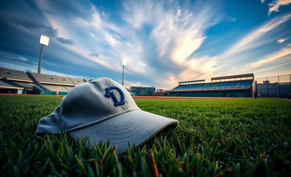 Close up of baseball cap and ball baseball field baseball game field stadium play competition green grass team sport arena leisure 