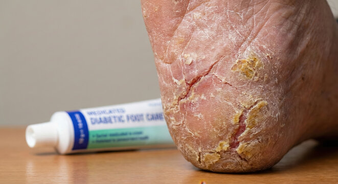 Diabetes foot ulcer complication dry skin cracked heel pain infection complications