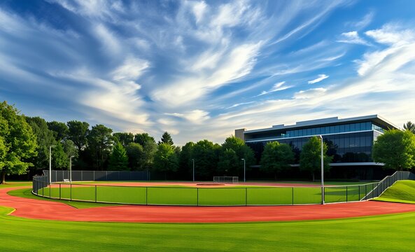 Modern office building with a lush green park-like setting showcasing a baseball field next to a modern architectural structure baseball field baseball game field stadium play competition green grass 