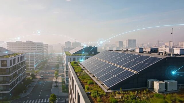 Digital connections between solar panels illustrating data flow in city