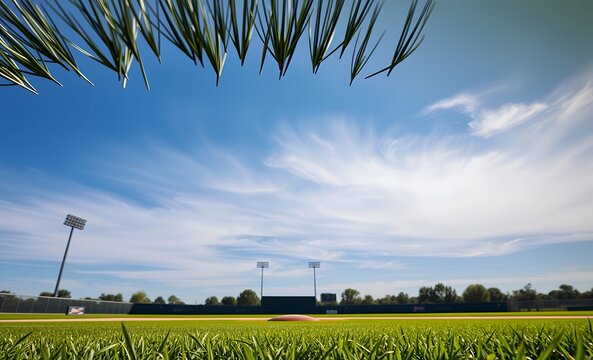 Baseball on green grass with clear blue sky horizon baseball field baseball game field stadium play competition green grass team sport arena leisure 