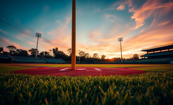 A close-up view of a baseball field post at sunset showcasing vibrant grass and a calm atmosphere baseball field baseball game field stadium play competition green grass team sport arena leisure 