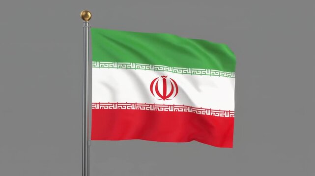 Iranian national flag with green, white, red bands, central emblem, and Kufic script border, symbolizing identity and cultural heritage.