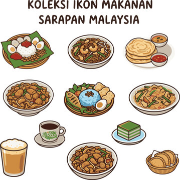 Traditional Malaysian breakfast food icons collection set, nasi lemak, roti canai, and teh tarik vector illustration