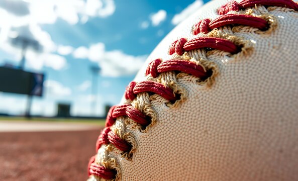 Close up macro of baseball stitch seam fibers and threads with a shallow depth of field and copy space baseball field baseball game field stadium play competition green grass team sport arena leisure 