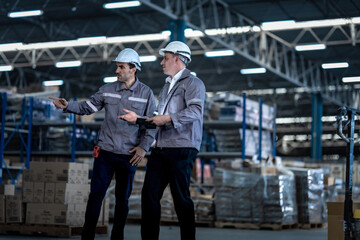 Fototapeta premium Commercial business team managing transport logistics and supply chain. Male warehouse staff holding digital tablet walking and talking about freight operations in modern facility.