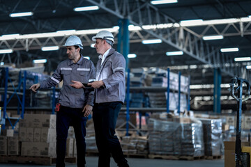 Fototapeta premium Professional industrial managers wearing safety uniform communicating while walking in factory storehouse. Male logistics team planning safe commercial freight delivery operations.