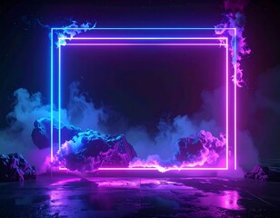 Obraz premium Glowing neon square frame, floating clouds, dark background