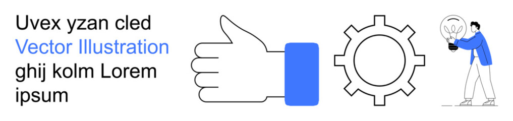 Innovation, teamwork, collaboration, problem-solving, process optimization, creativity. A thumbs-up, a gear and a person holding a light bulb. Innovation and teamwork concept © robu_s