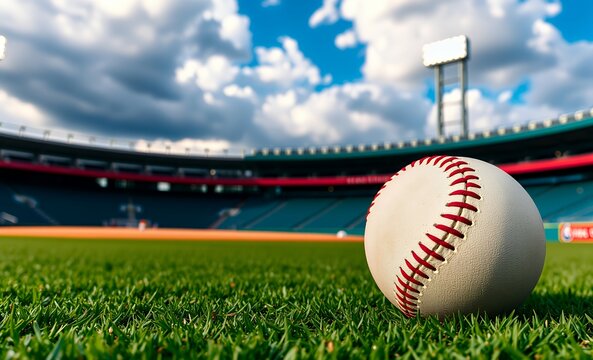 Perfect baseball ball close up on a field isolated with a stadium in a blurred background vivid color design banner for your text baseball field baseball game field stadium play competition green gras