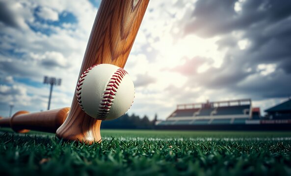 Baseball and bat: a baseball and wooden bat are resting together ready for the upcoming game the scene is presented simply but it creates a classic sports atmosphere baseball field baseball game field