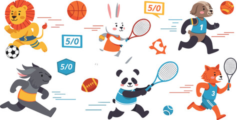 Obraz premium Cute cartoon animal athletes playing sports set with lion soccer player, rabbit tennis player, panda runner, fox athlete and dog basketball character