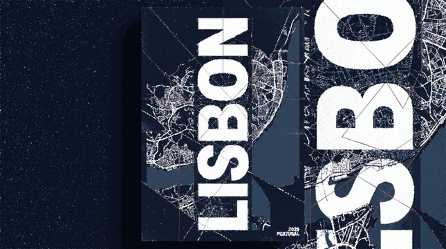 Modern dark brutalist typographic poster featuring bold white lisbon text on a moody blue background with faint map design