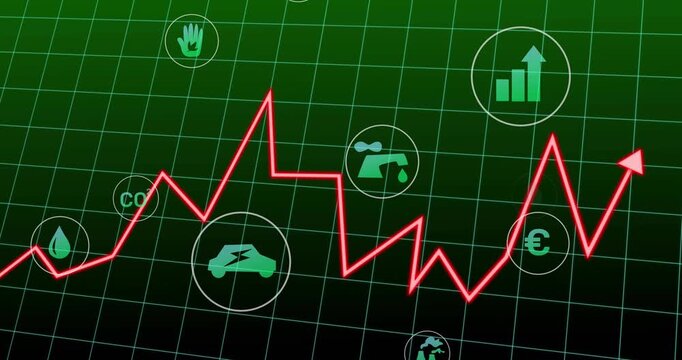 Red trend line entering left crossing green grid emphasizing CO2 tap euro finance recovering upward