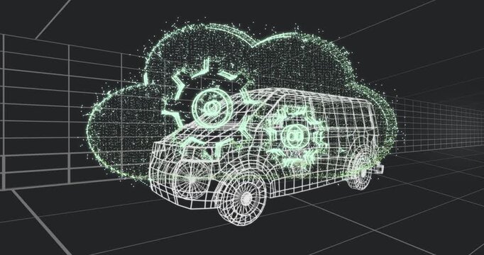 Particle streak starting, sweeping hood, building gear cloud over wireframe van showing auto status