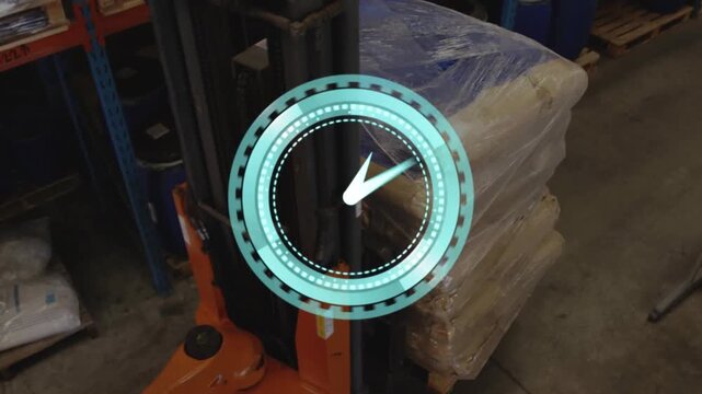 Operator engaging controls, moving forklift toward pallet in warehouse while AR clock timing pickup