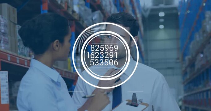 Warehouse staff reviewing clipboard in aisle, HUD appearing after woman pointing and updating stock