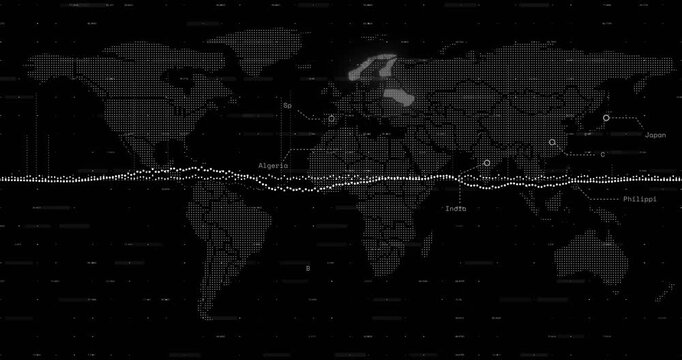 Dotted map centering signal lighting regions, waveform peaking markers tagging sites for monitoring