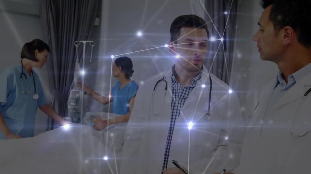 Monitor alarm sounding medical team consulting for care nurse adjusting IV overlay sweeping staff